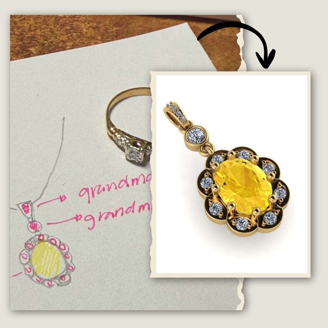 Custom yellow sapphire necklace with heirloom diamonds, handcrafted gold or platinum pendant, personalized fine jewelry