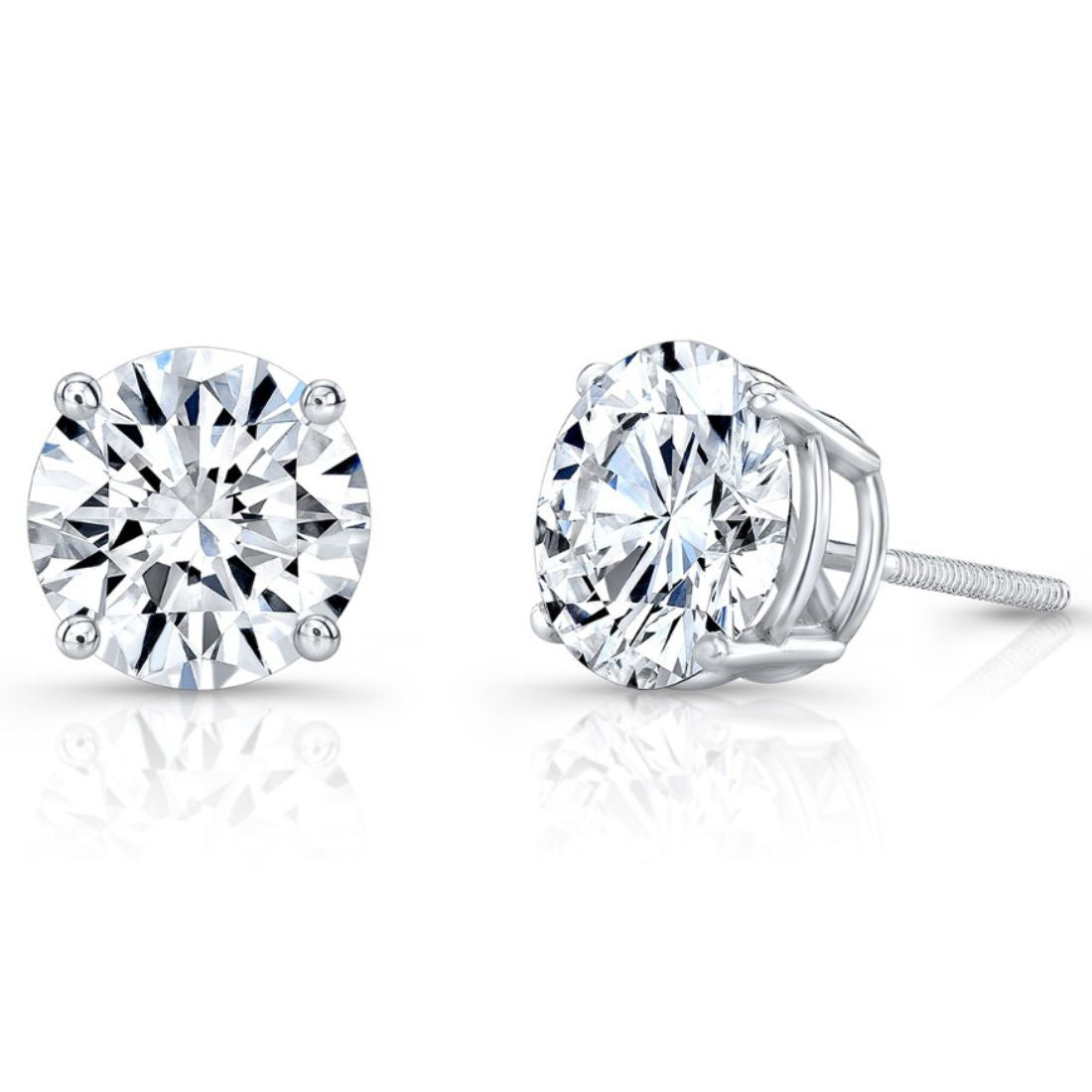 Pair of round diamond stud earrings on a white background
