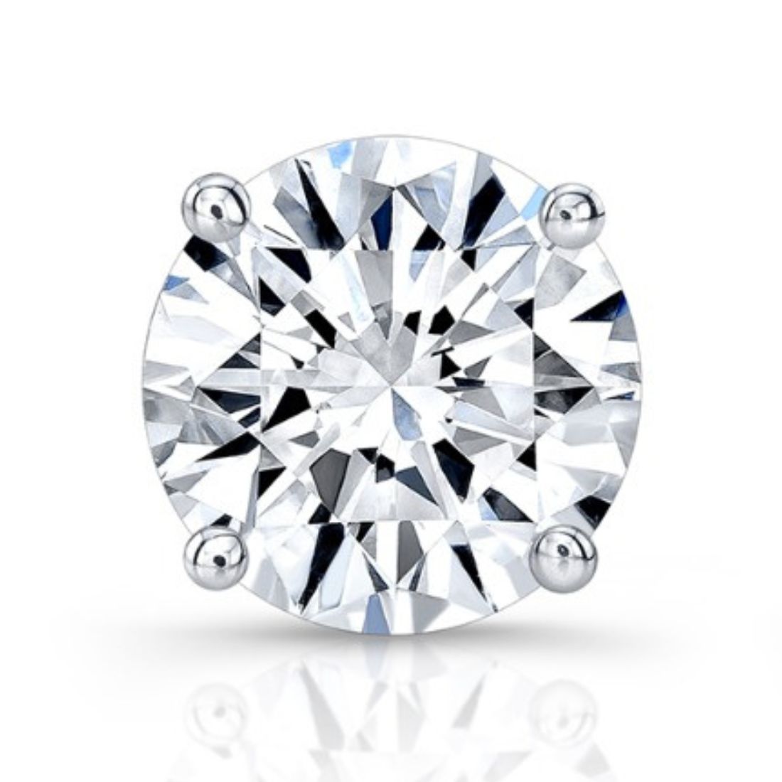 Near colorless round diamond single stud earring with four prongs on a white background
