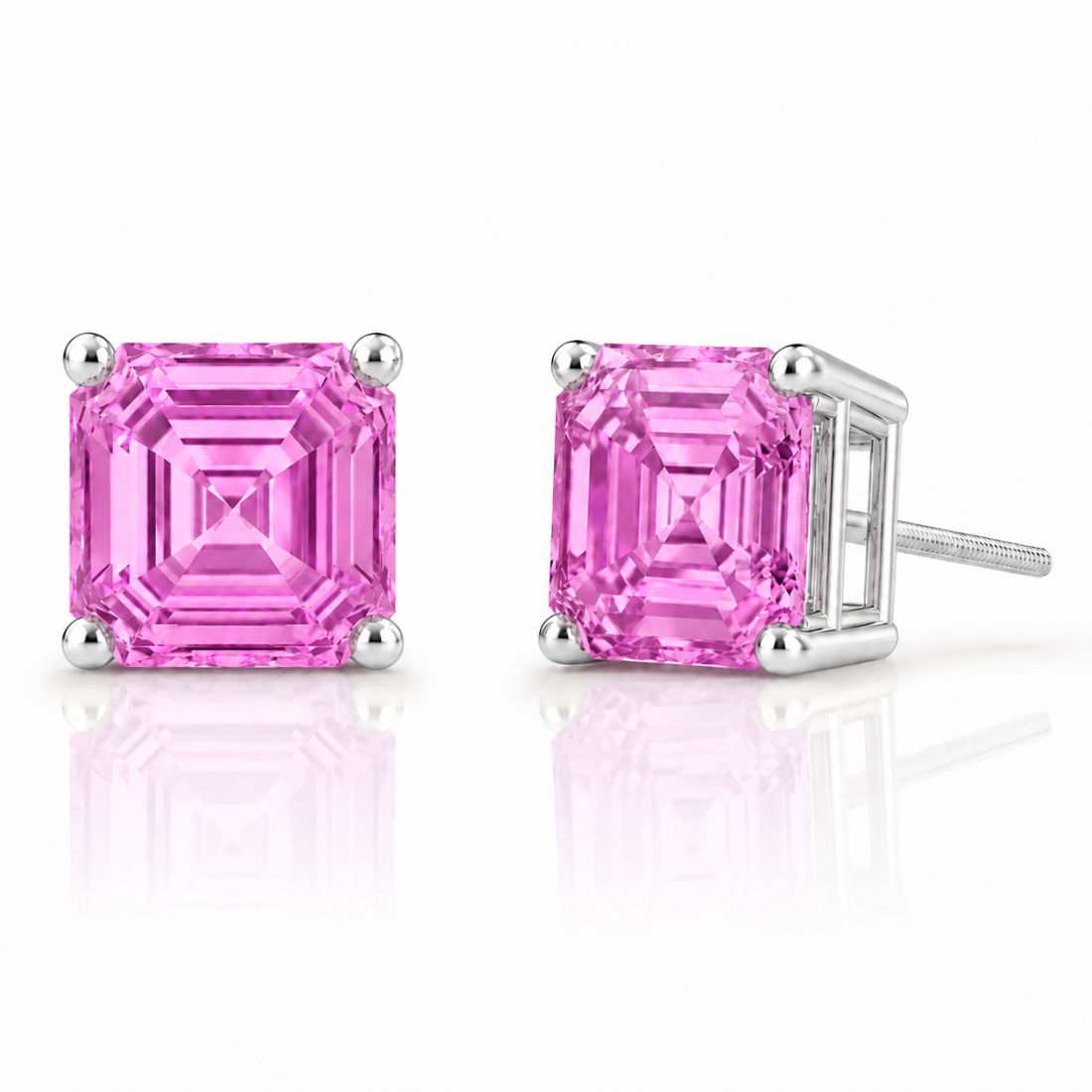 Classic Asscher cut pink sapphire earrings in 14k white gold with vibrant pink gemstones by Pel & Co