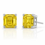 Classic Asscher cut yellow sapphire earrings in 14k gold with vibrant golden gemstones by Pel & Co
