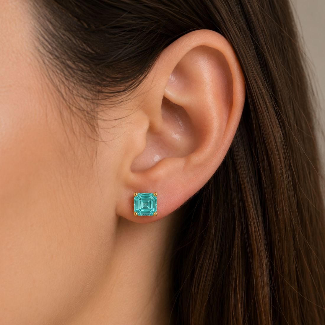 Asscher cut Paraiba tourmaline stud earrings by Pel & Co