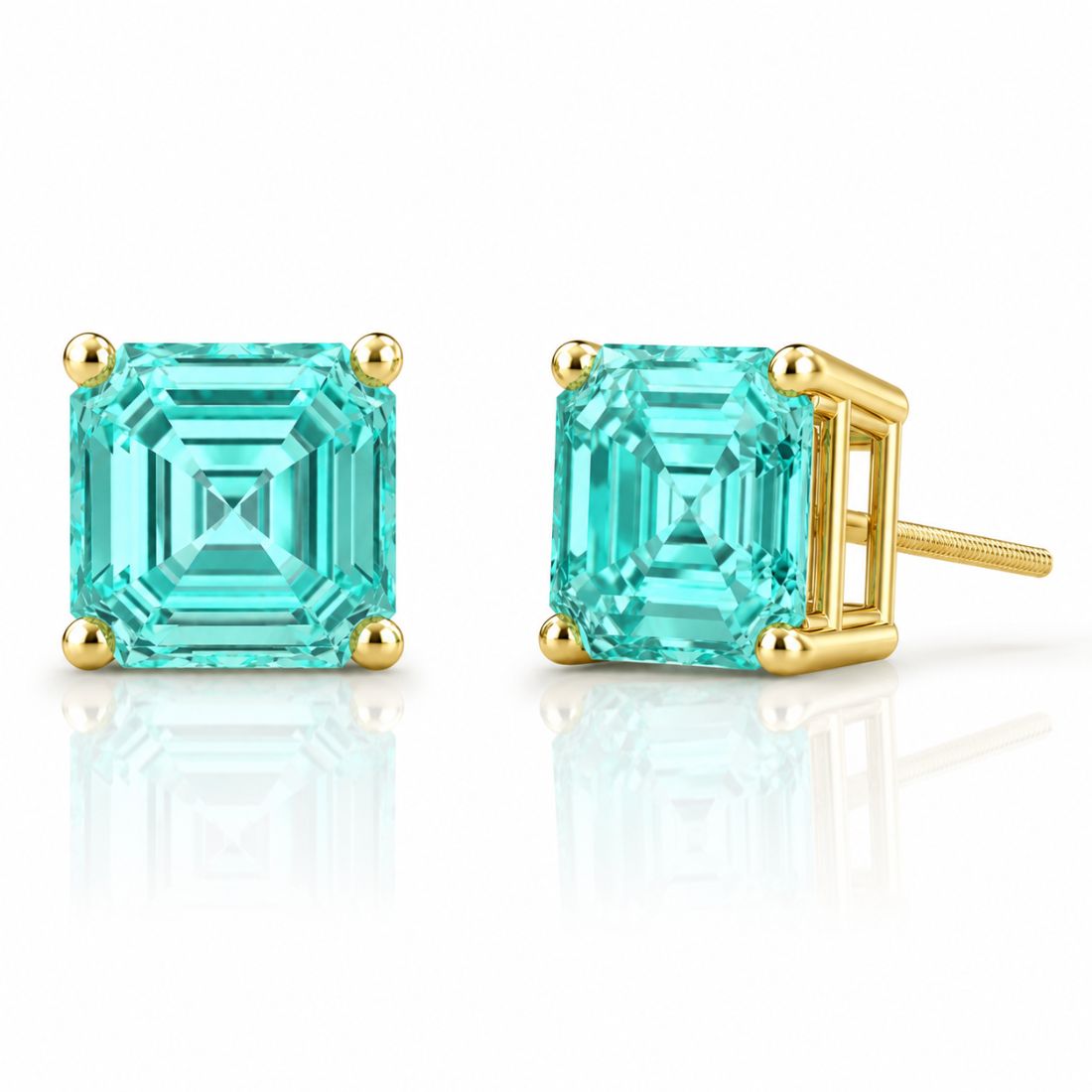 Asscher cut Paraiba tourmaline stud earrings by Pel & Co in yellow gold