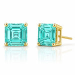 Asscher cut Paraiba tourmaline stud earrings by Pel & Co in yellow gold