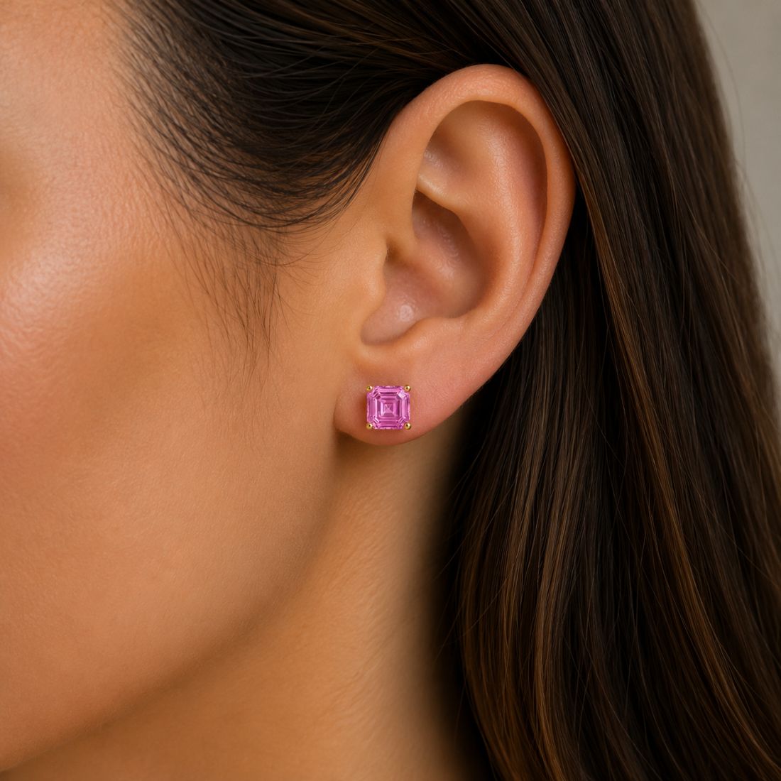 Elegant pink sapphire stud earrings with Asscher cut gemstones handcrafted in 14k gold by Pel & Co
