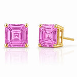Luxury pink sapphire stud earrings featuring Asscher cut pink sapphires in 14k gold by Pel & Co