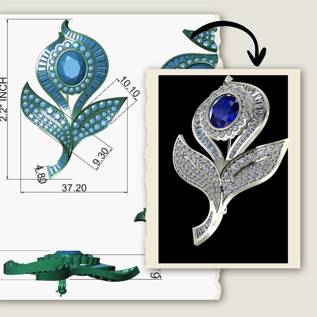 Custom gold and diamond floral brooch handcrafted in USA