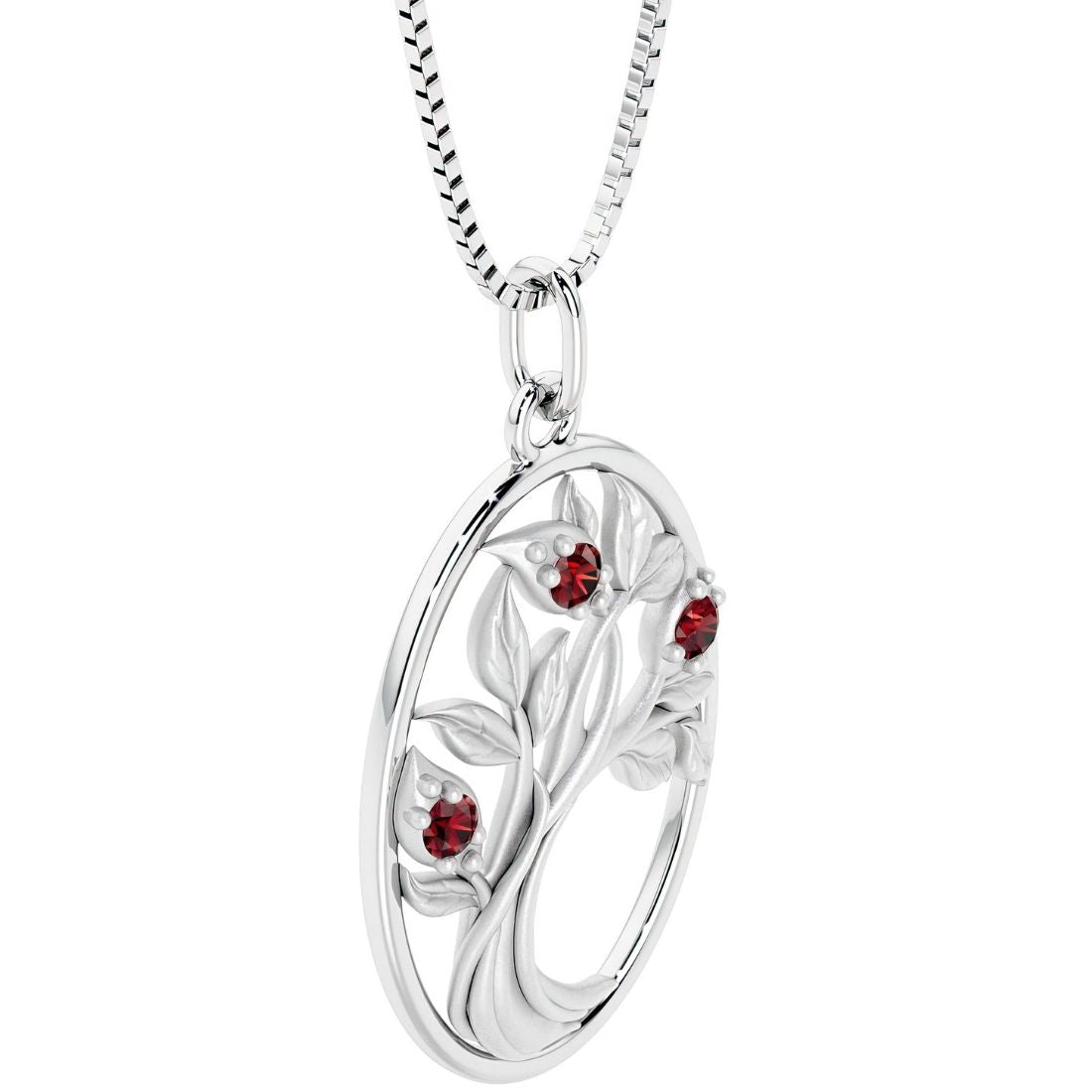 Garnet tree of life necklace oval shape 14k white gold