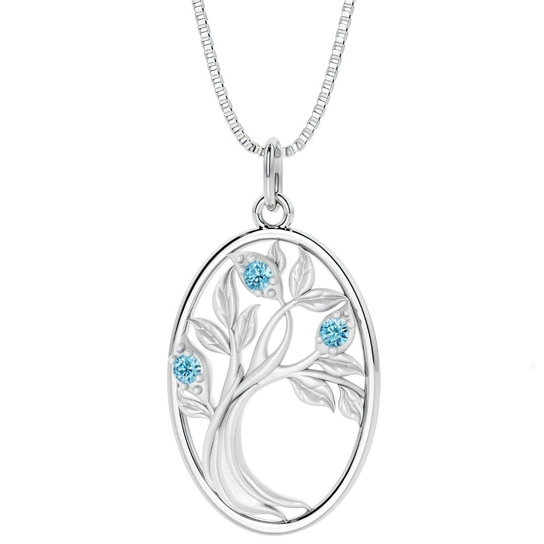 Swiss Blue Topaz tree of life necklace 14k white gold