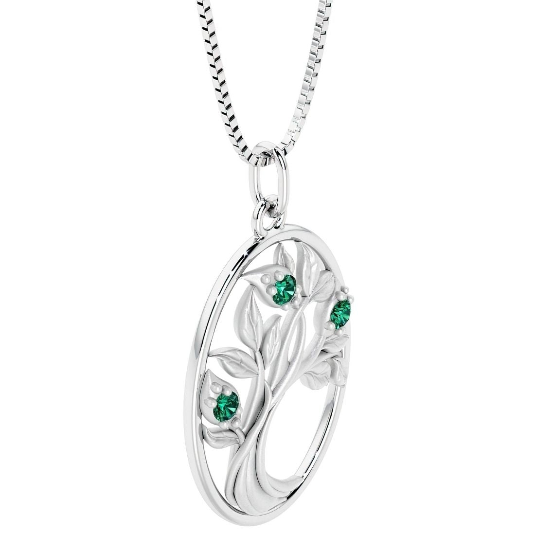 round emerald tree of life necklace in 14k white gold