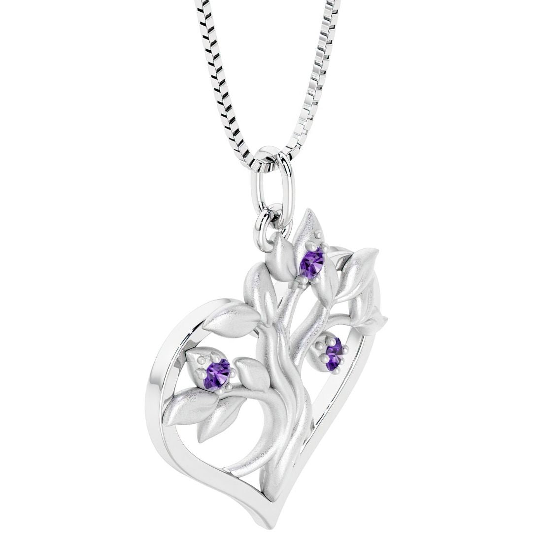 14k white gold necklace with a heart-shaped pendant featuring purple amethyst gemstones 