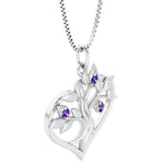 14k white gold necklace with a heart-shaped pendant featuring purple amethyst gemstones 