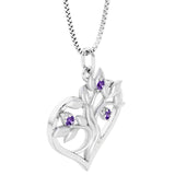 14k white gold necklace with a heart-shaped pendant featuring purple amethyst gemstones 