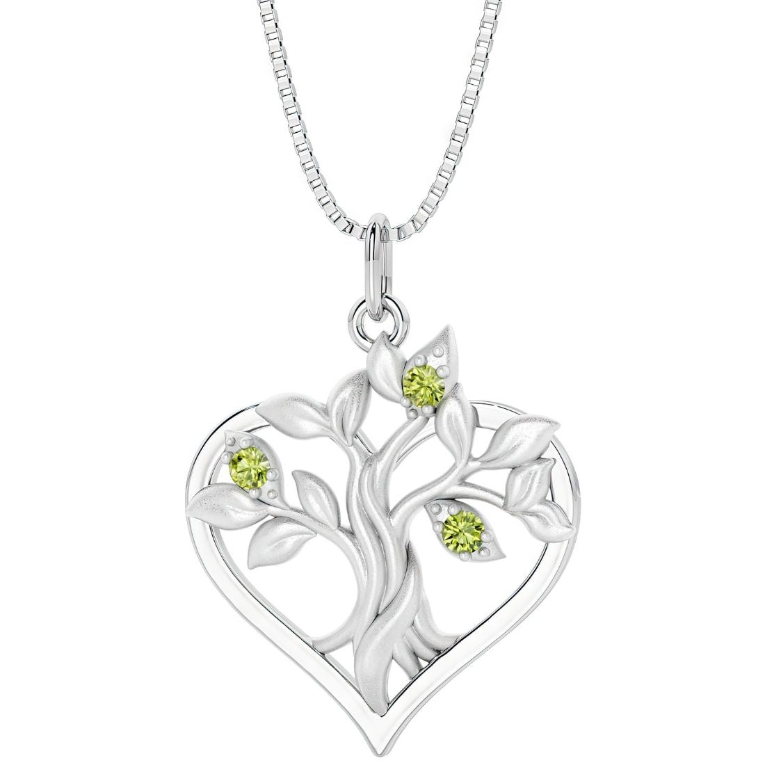 heart tree of life necklace with green peridot gemstone, August birthstone gift