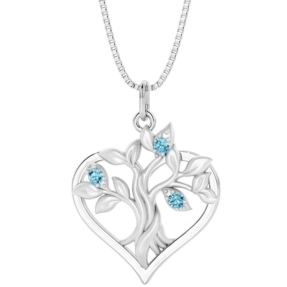 Heart shape tree of life necklace with Swiss Blue Topaz gemstones, December bithstone gift