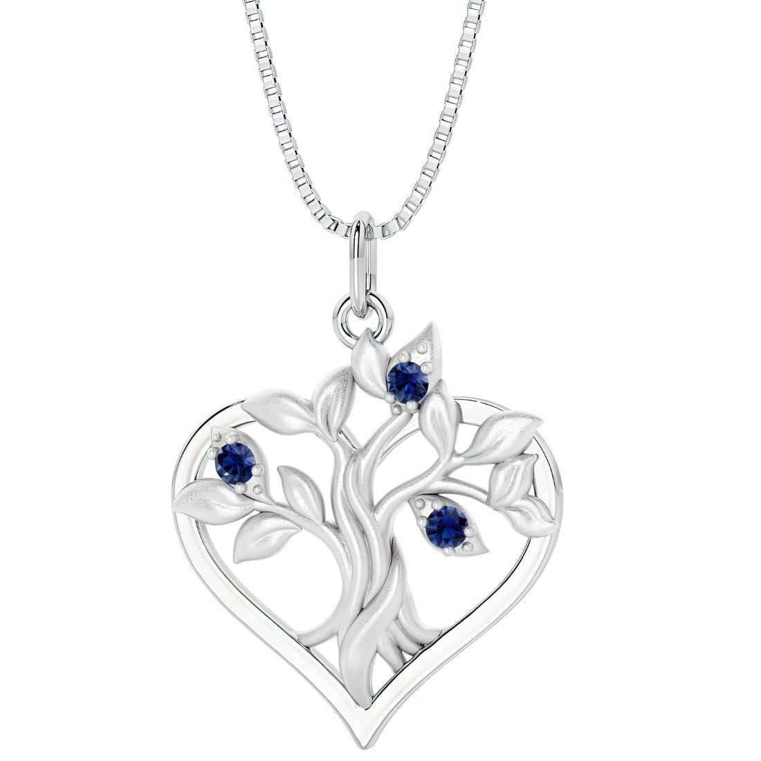 Blue Sapphire tree of life necklace heart shape in 14k white gold