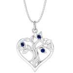 Blue Sapphire tree of life necklace heart shape in 14k white gold