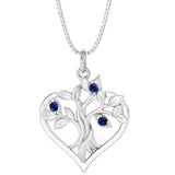 Blue Sapphire tree of life necklace heart shape in 14k white gold