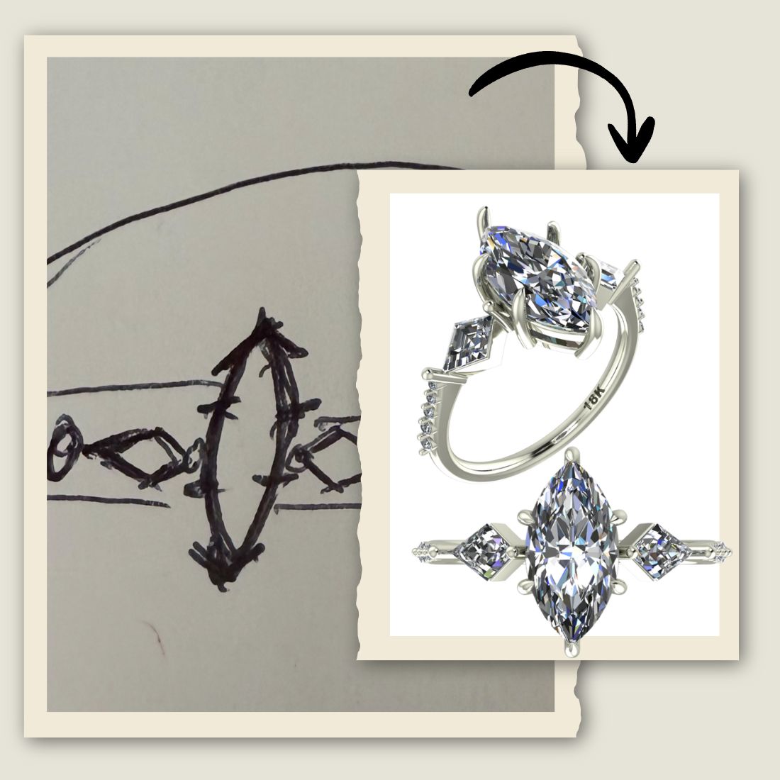 Custom-designed engagement ring with marquise center and kite side diamonds in gold