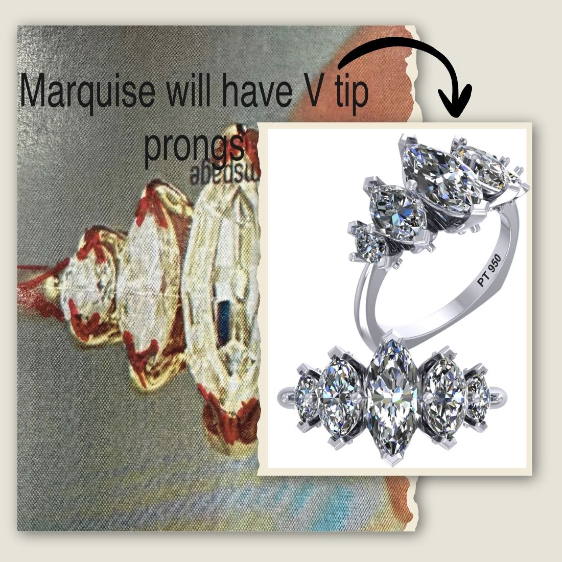 Custom marquise 5-stone ring with Euro band in platinum, handcrafted diamond statement ring, luxury fine jewelry