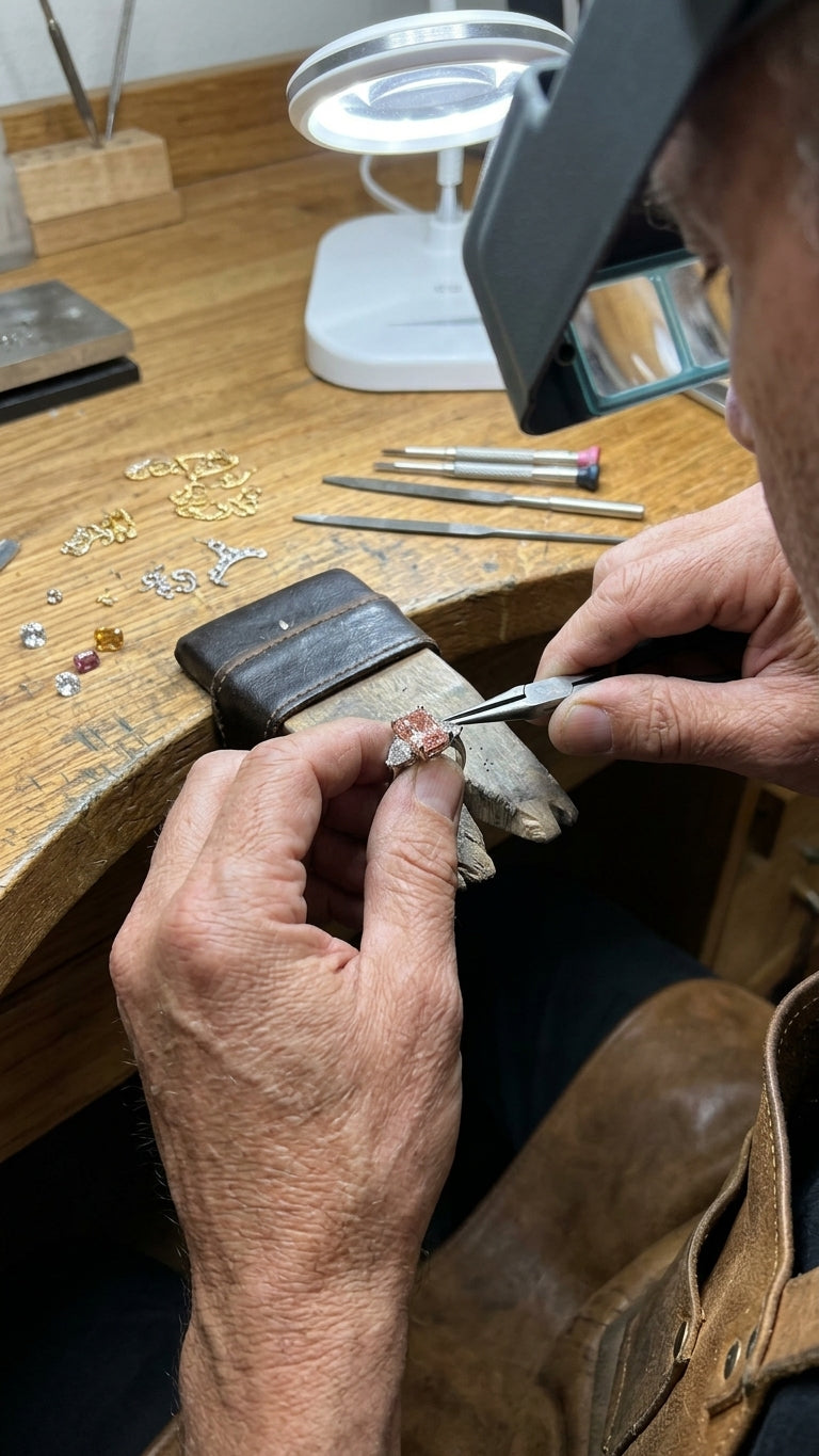 Hands of a master jeweler at Pel & Co. using precision tools to hand-set a bright pink radiant-cut diamond flanked by triangular diamonds on a wooden workbench.