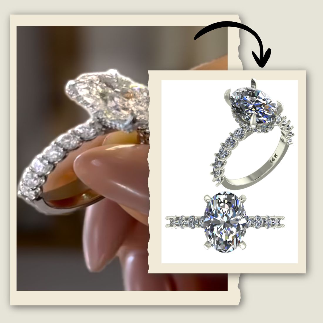 Custom solitaire engagement ring with oval diamond center in white gold