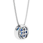 Blue Opal round solitaire bezel necklace in 14k white gold with custom back gallery US-made by Pel & Co personalized jewelry
