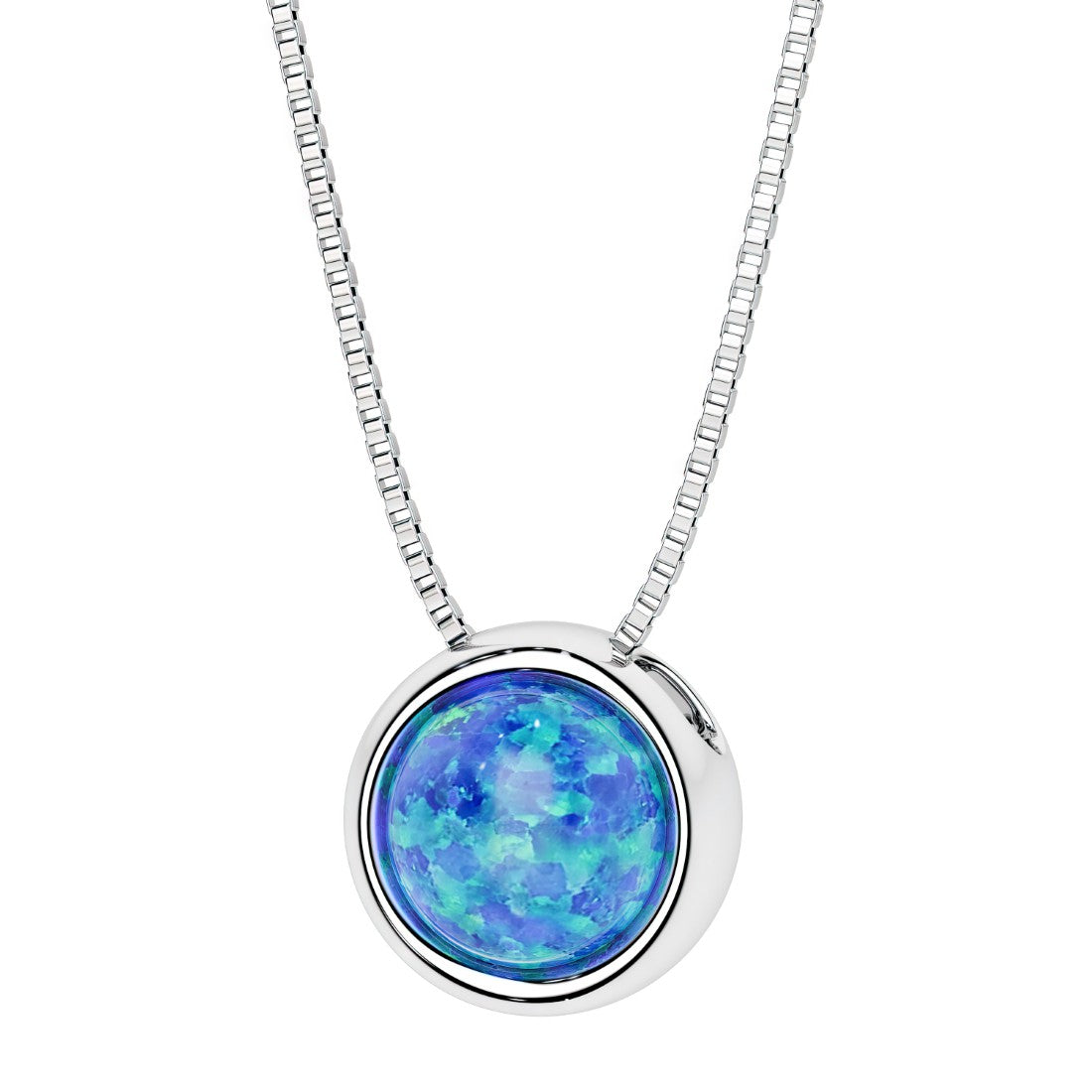 Round Blue Opal bezel set solitaire pendant in 14k white gold for women made in USA by Pel & Co Custom Jewelry