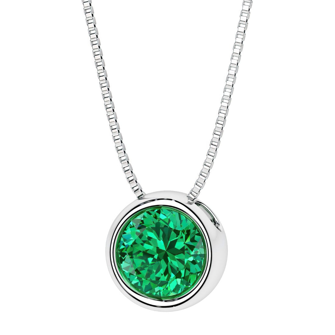 2 Carat Round colombian emerald bezel set solitaire pendant in 14k white gold for women made in USA by Pel & Co Custom Jewelry