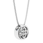 Diamond round solitaire bezel necklace in 14k white gold with custom back gallery US-made by Pel & Co personalized jewelry