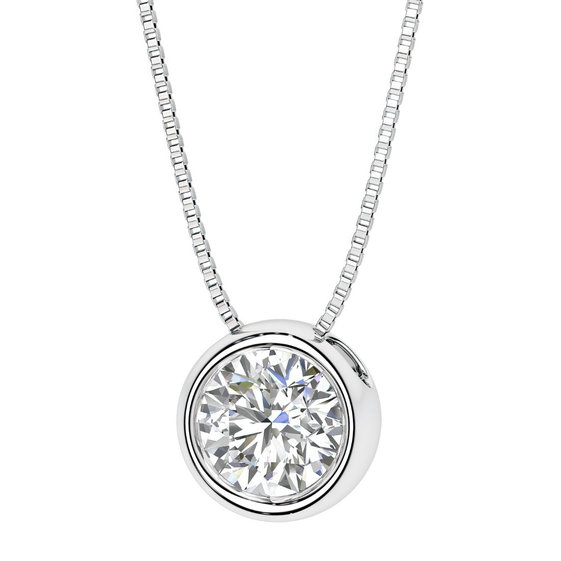 Round Diamond bezel set solitaire pendant in 14k white gold for women made in USA by Pel & Co Custom Jewelry