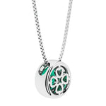 Green emerald round solitaire bezel necklace in 14k white gold with custom back gallery US-made by Pel & Co personalized jewelry