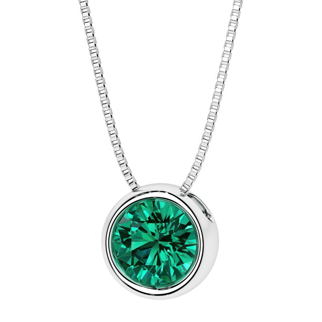 2 Carat Round emerald bezel set solitaire pendant in 14k white gold for women made in USA by Pel & Co Custom Jewelry