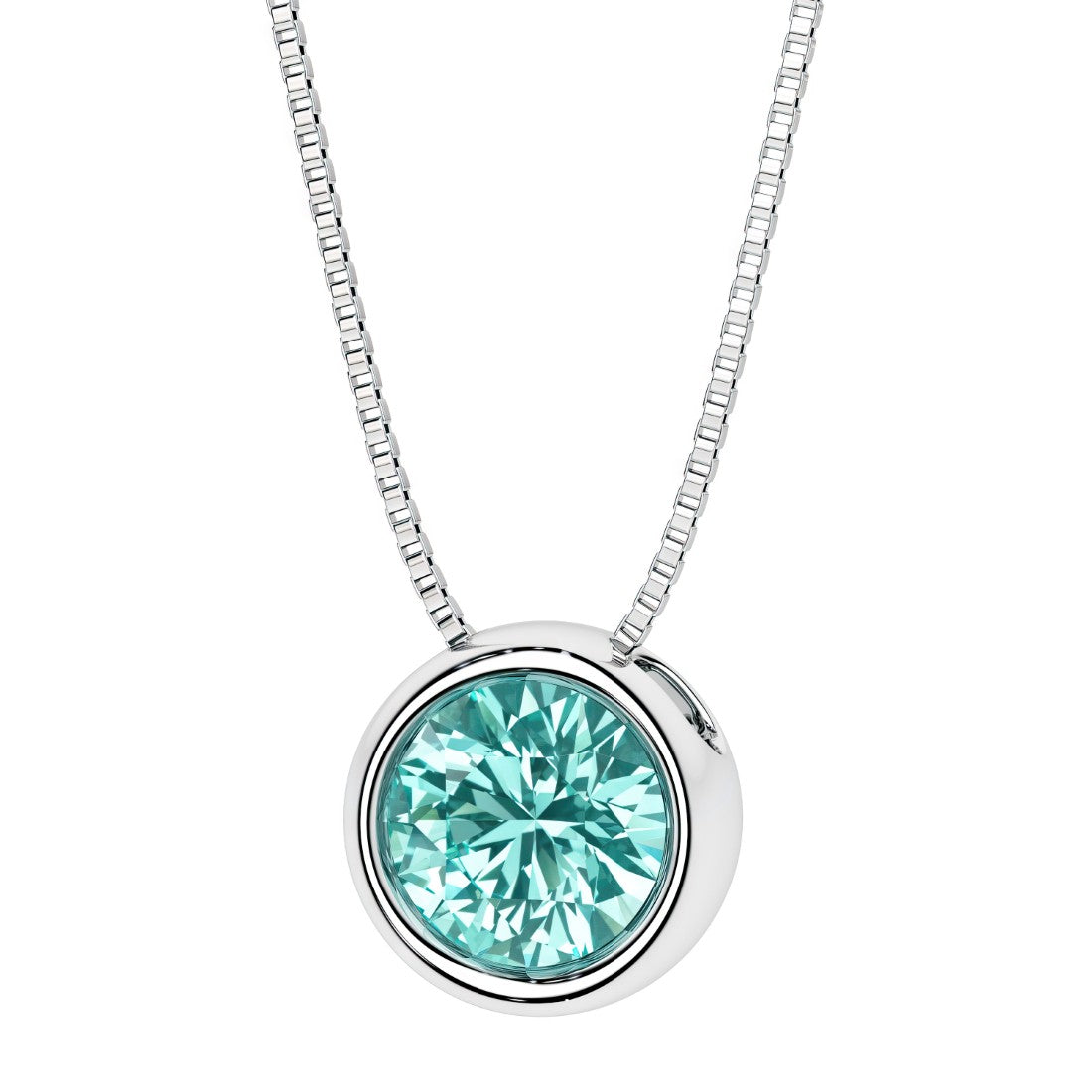 Round paraiba tourmaline bezel set solitaire pendant in 14k white gold for women made in USA by Pel & Co Custom Jewelry