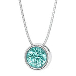 Round paraiba tourmaline bezel set solitaire pendant in 14k white gold for women made in USA by Pel & Co Custom Jewelry