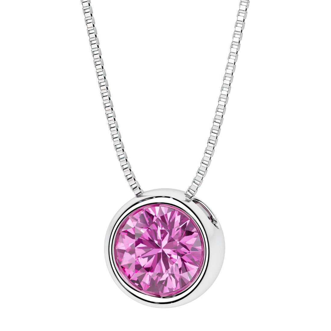 Round Pink Sapphire bezel set solitaire pendant in 14k white gold for women made in USA by Pel & Co Custom Jewelry