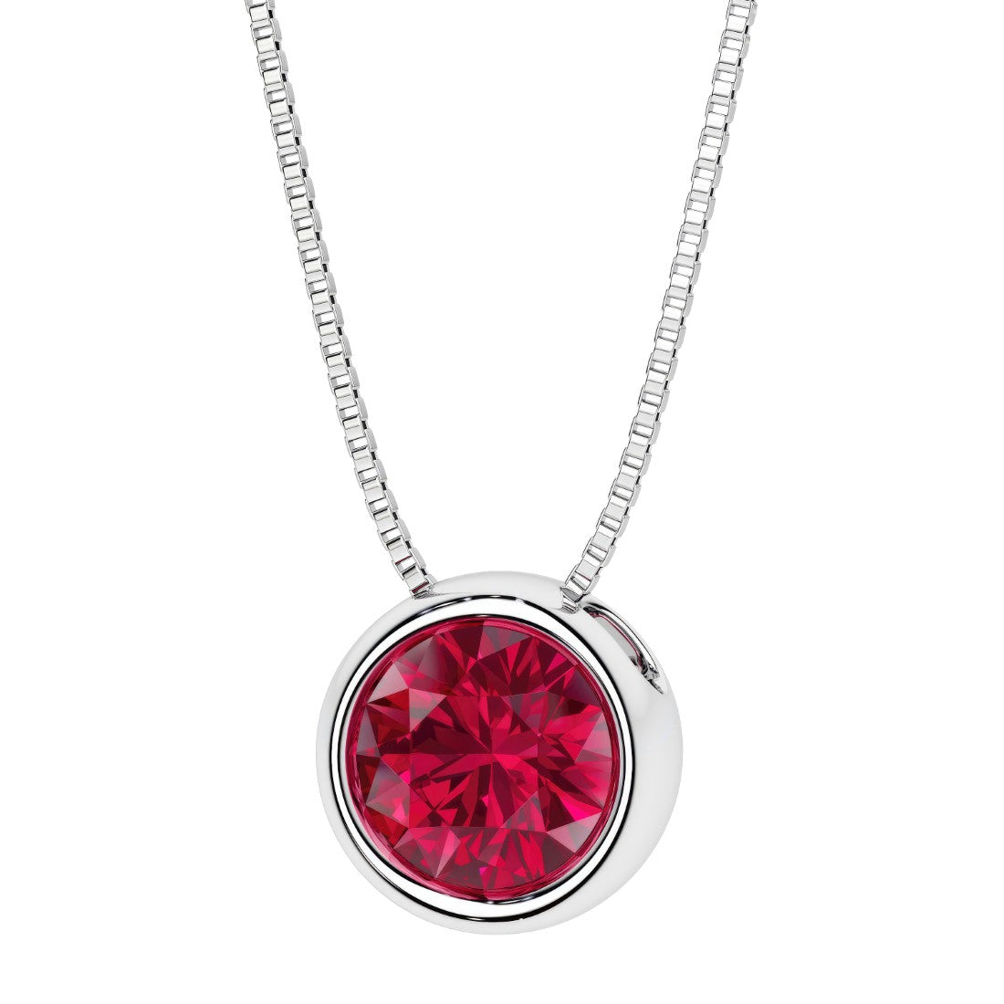 Round Ruby bezel set solitaire pendant in 14k white gold for women made in USA by Pel & Co Custom Jewelry