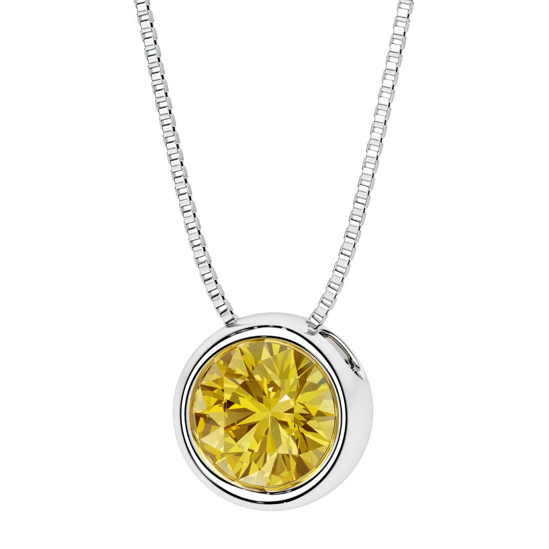 Round Yellow Sapphire bezel set solitaire pendant in 14k white gold for women made in USA by Pel & Co Custom Jewelry