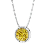Round Yellow Sapphire bezel set solitaire pendant in 14k white gold for women made in USA by Pel & Co Custom Jewelry