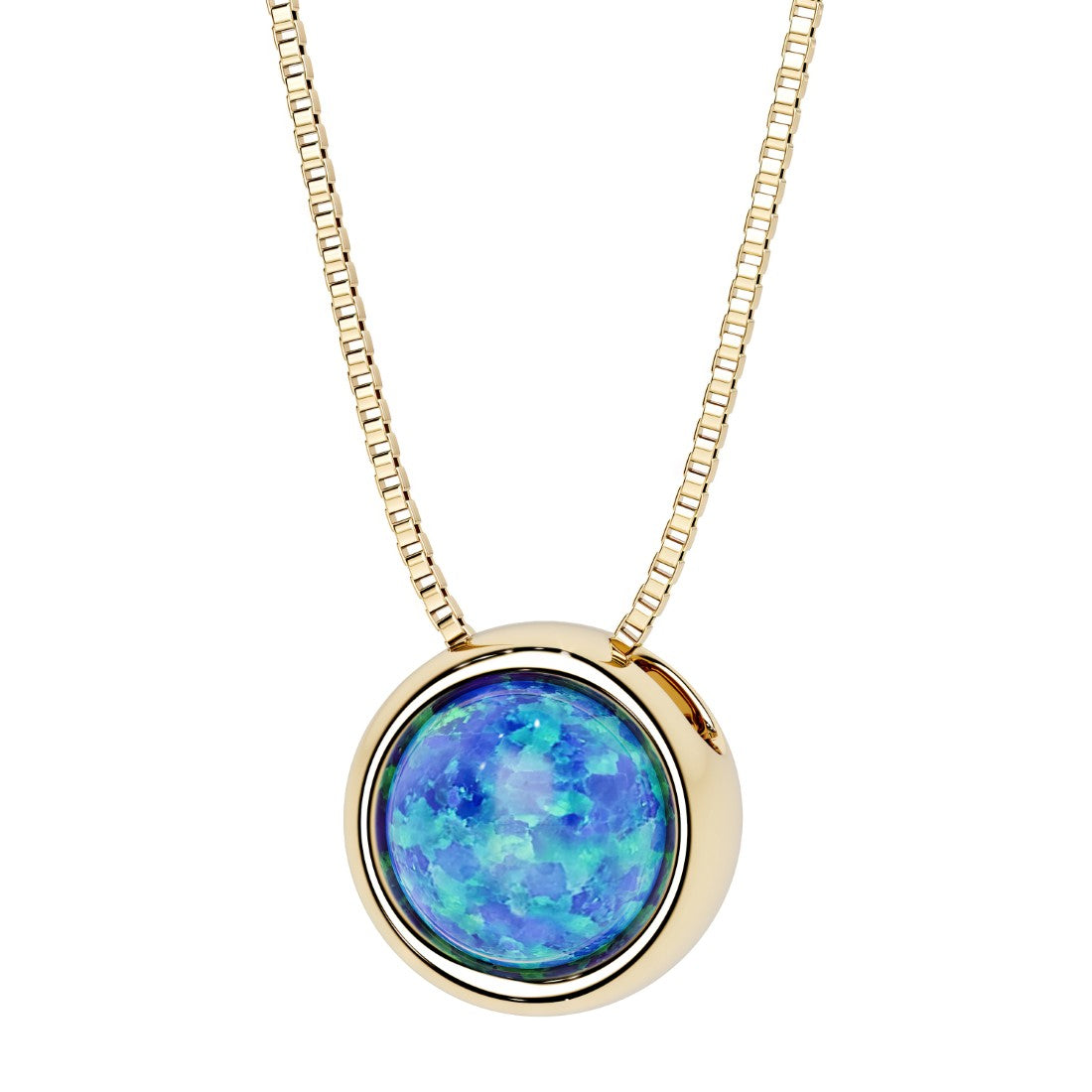 Round Blue Opal bezel set solitaire pendant in 14k yellow gold for women made in USA by Pel & Co Custom Opal Jewelry