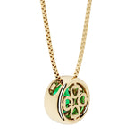 Green colombian emerald round solitaire bezel necklace in 14k yellow gold with custom back gallery US-made by Pel & Co personalized jewelry