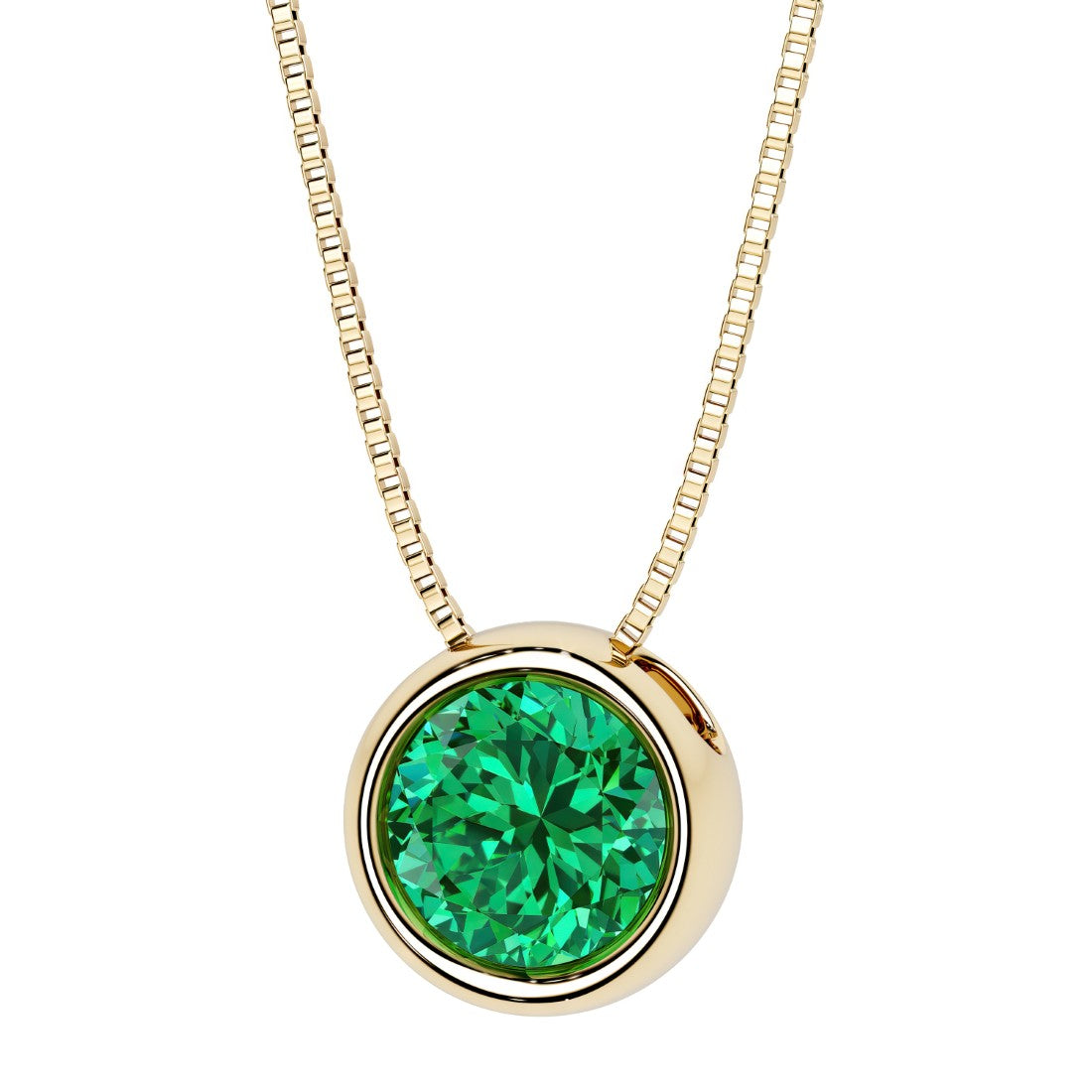 2 Carat Round colombian emerald bezel set solitaire pendant in 14k yellow gold for women made in USA by Pel & Co Custom Jewelry