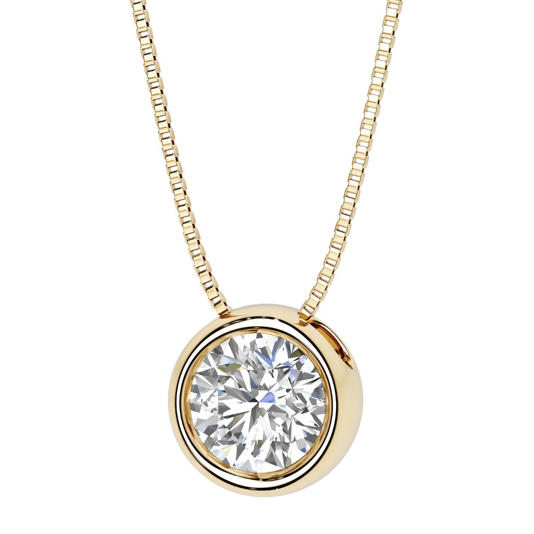 Round Diamond bezel set solitaire pendant in 14k yellow gold for women made in USA by Pel & Co Custom Diamond Jewelry