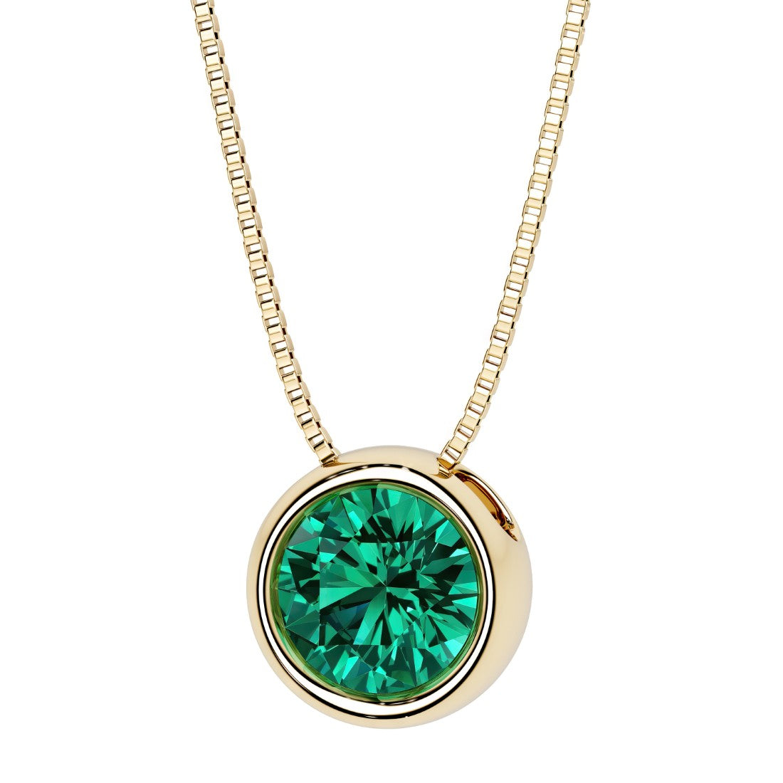 2 Carat Round emerald bezel set solitaire pendant in 14k yellow gold for women made in USA by Pel & Co Custom Emerald Jewelry