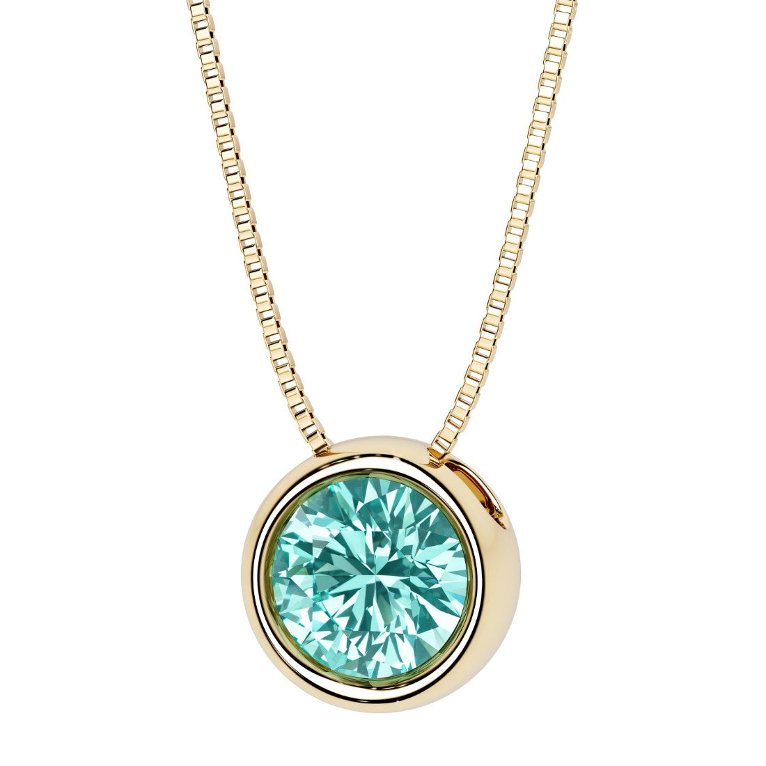 Round paraiba green tourmaline bezel set solitaire pendant in 14k yellow gold for women made in USA by Pel & Co Custom Jewelry