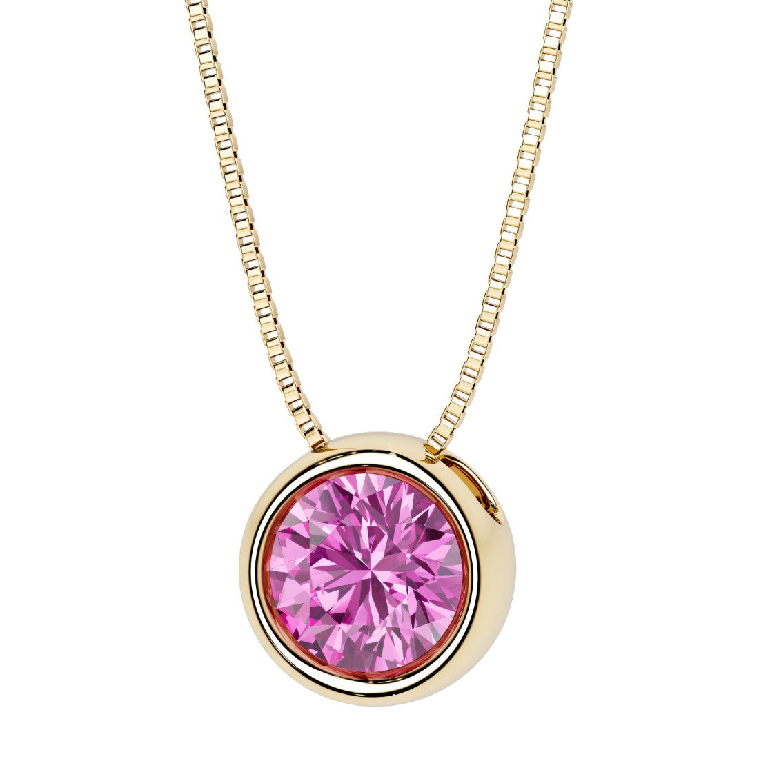 Round Pink Sapphire bezel set solitaire pendant in 14k yellow gold for women made in USA by Pel & Co Custom Sapphire Jewelry