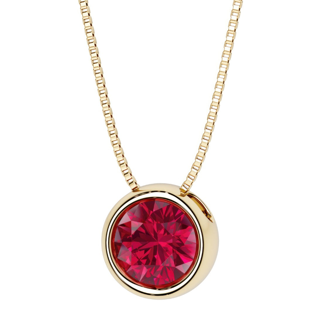 Round Ruby bezel set solitaire pendant in 14k yellow gold for women made in USA by Pel & Co Custom Ruby Jewelry
