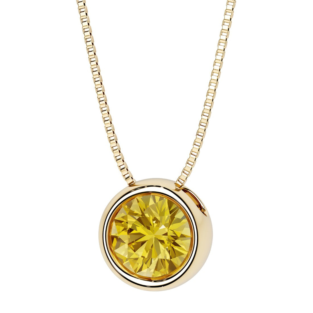 Round Yellow Sapphire bezel set solitaire pendant in 14k yellow gold for women made in USA by Pel & Co Custom Sapphire Jewelry