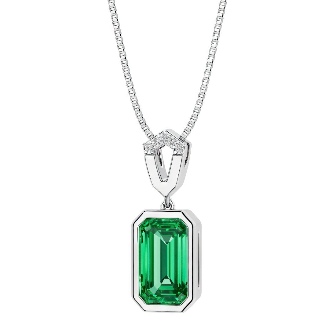 Sparkling green emerald pendant on a white gold bezel setting.