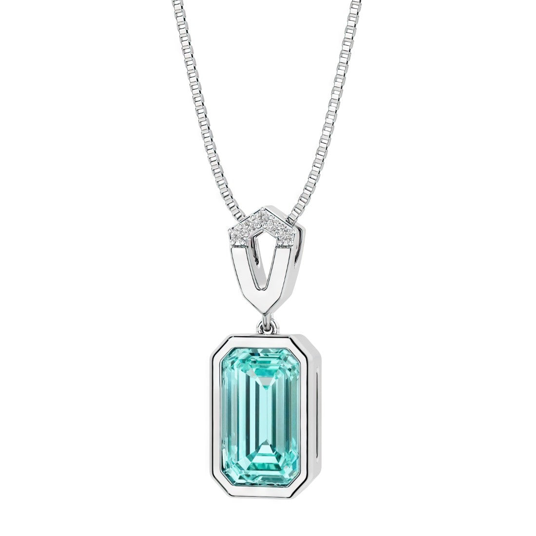 Paraiba tourmaline bezel necklace with diamonds set in white gold, custom jewelry by Pel & Co